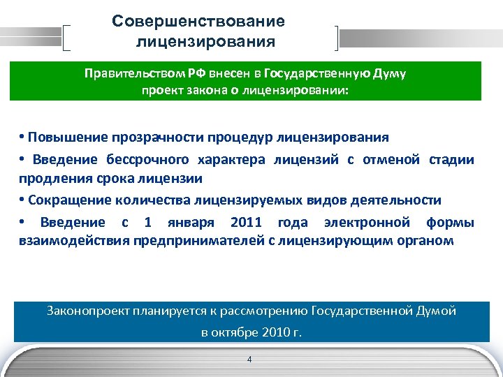 Совершенствование лицензирования Правительством РФ внесен в Государственную Думу проект закона о лицензировании: • Повышение