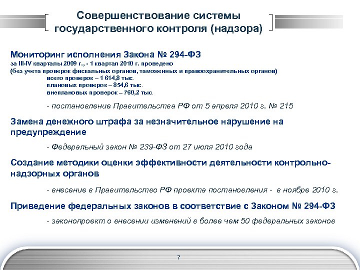 Совершенствование системы государственного контроля (надзора) Мониторинг исполнения Закона № 294 -ФЗ за III-IV кварталы