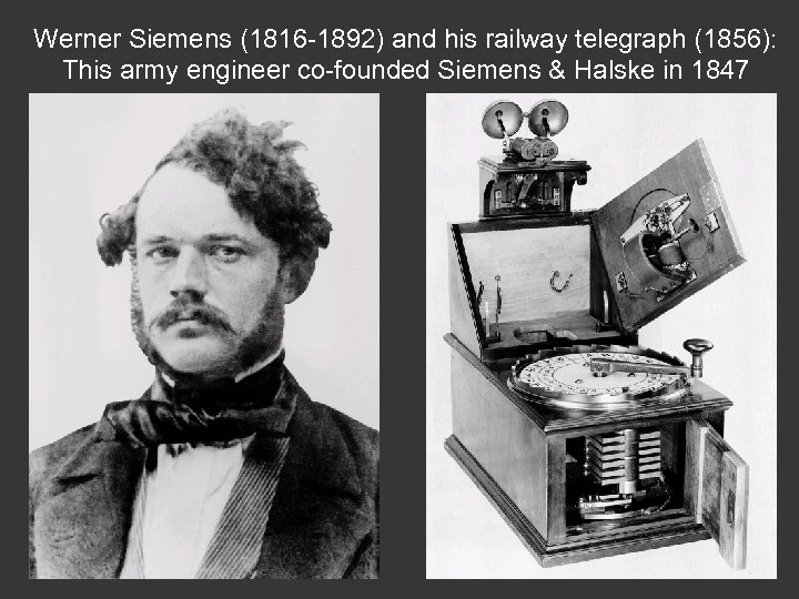 Werner Siemens (1816 -1892) and his railway telegraph (1856): This army engineer co-founded Siemens