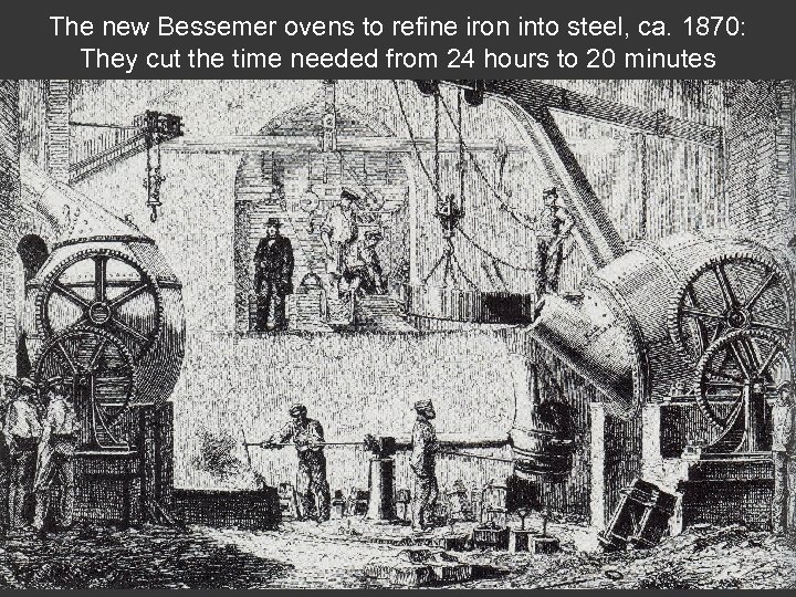 The new Bessemer ovens to refine iron into steel, ca. 1870: They cut the