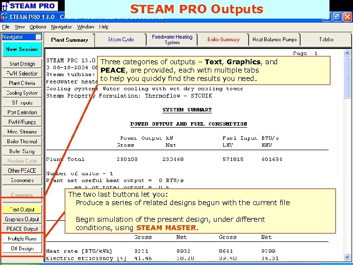STEAM PRO Outputs Three categories of outputs – Text, Graphics, and PEACE, are provided,