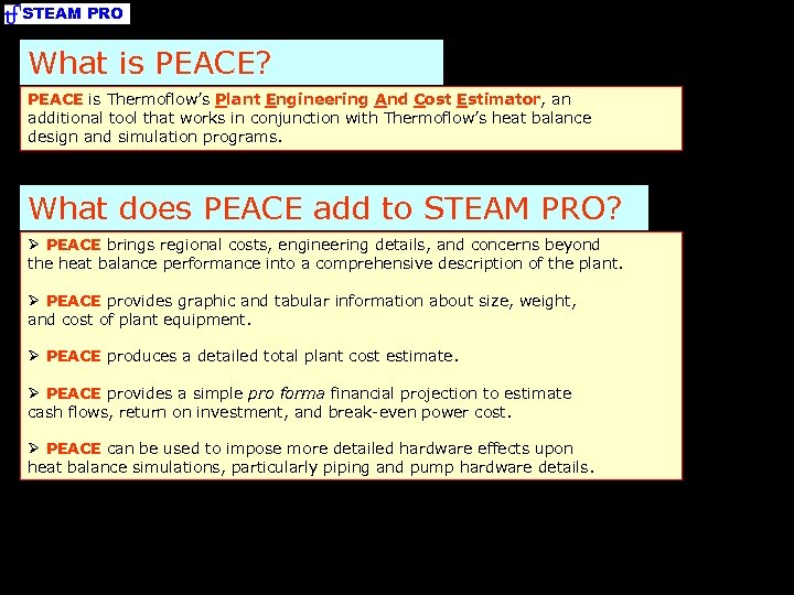 STEAM PRO What is PEACE? PEACE is Thermoflow’s Plant Engineering And Cost Estimator, an