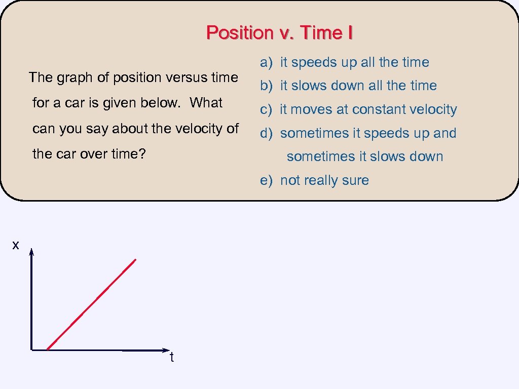 Position v. Time I The graph of position versus time a) it speeds up
