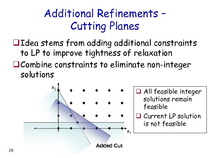 Additional Refinements – Cutting Planes q Idea stems from adding additional constraints to LP