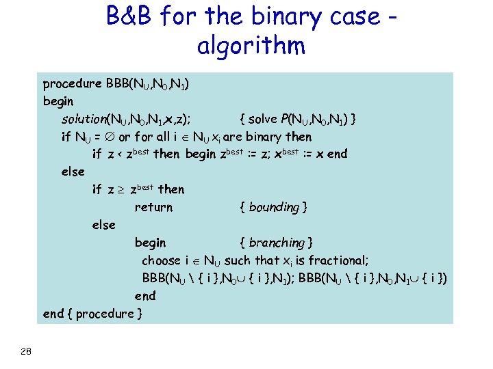 B&B for the binary case algorithm procedure BBB(NU, N 0, N 1) begin solution(NU,