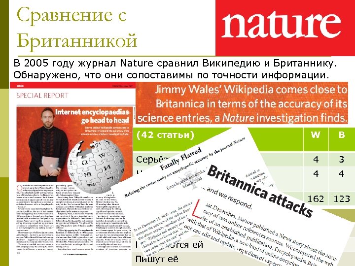 Сравнение с Британникой В 2005 году журнал Nature сравнил Википедию и Британнику. Обнаружено, что