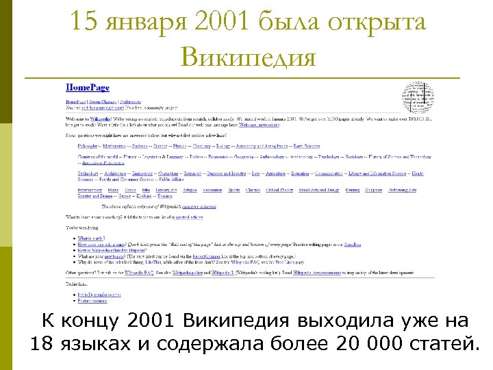 15 января 2001 была открыта Википедия К концу 2001 Википедия выходила уже на 18