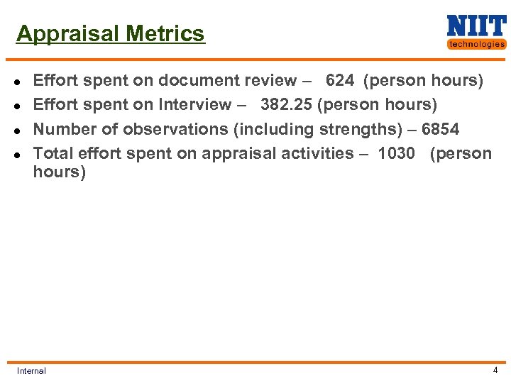 Appraisal Metrics l l Effort spent on document review – 624 (person hours) Effort