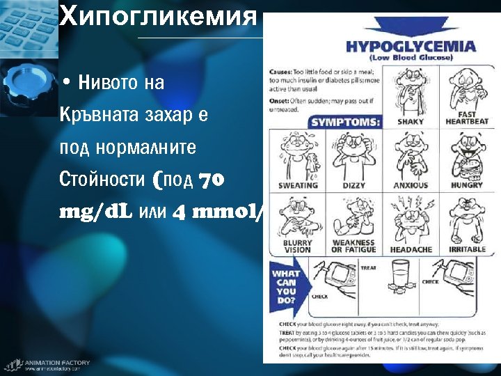 Хипогликемия • Нивото на Кръвната захар е под нормалните Стойности (под 70 mg/d. L