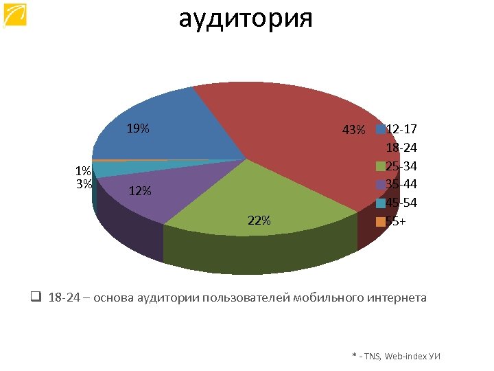 аудитория 19% 1% 3% 43% 12% 22% 12 -17 18 -24 25 -34 35