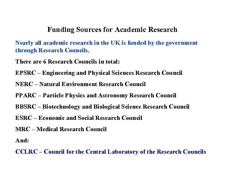 Funding Sources for Academic Research Nearly all academic research in the UK is funded