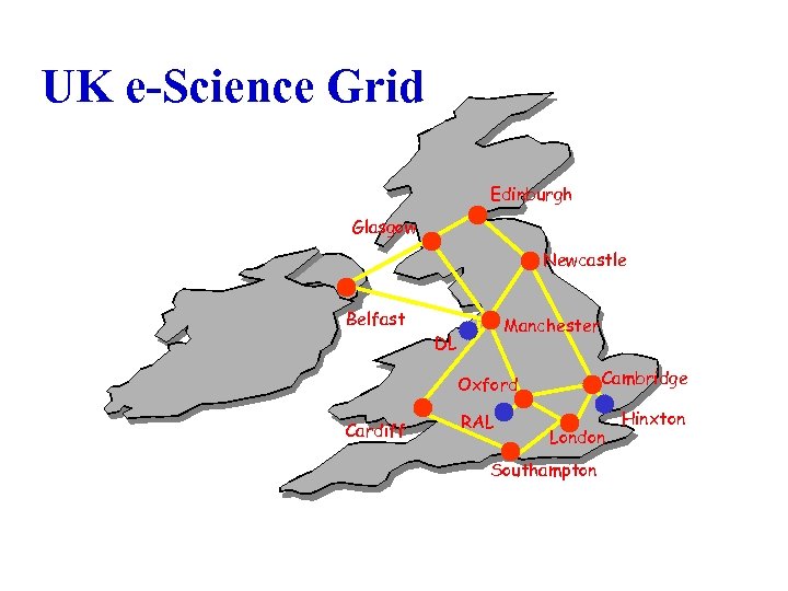 UK e-Science Grid Edinburgh Glasgow Newcastle Belfast Manchester DL Cambridge Oxford Cardiff RAL London