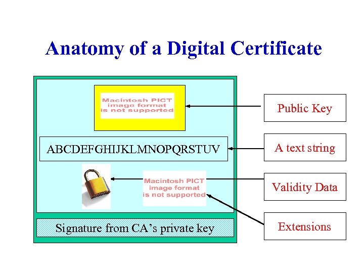 Anatomy of a Digital Certificate Public Key ABCDEFGHIJKLMNOPQRSTUV A text string Validity Data Signature