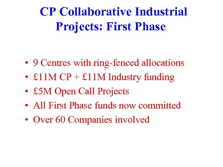 CP Collaborative Industrial Projects: First Phase • • • 9 Centres with ring-fenced allocations