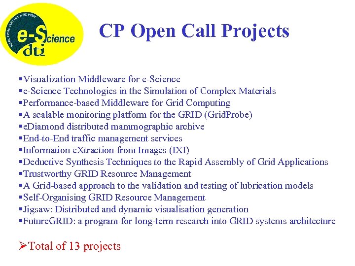 CP Open Call Projects §Visualization Middleware for e-Science §e-Science Technologies in the Simulation of