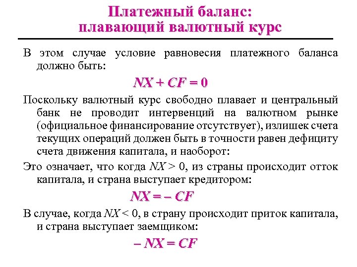 Платежный баланс: плавающий валютный курс В этом случае условие равновесия платежного баланса должно быть: