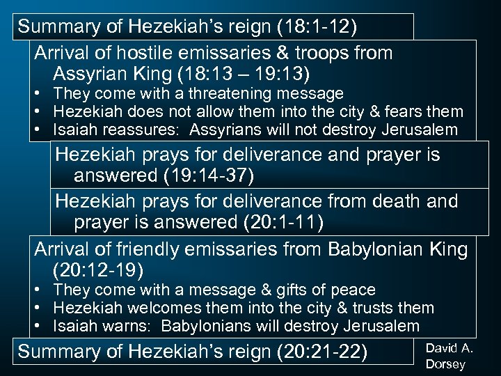 Summary of Hezekiah’s reign (18: 1 -12) Arrival of hostile emissaries & troops from