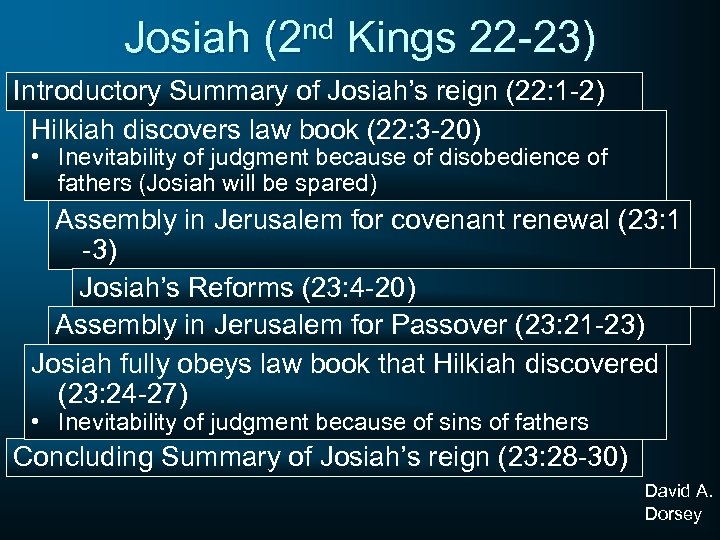 Josiah nd (2 Kings 22 -23) Introductory Summary of Josiah’s reign (22: 1 -2)