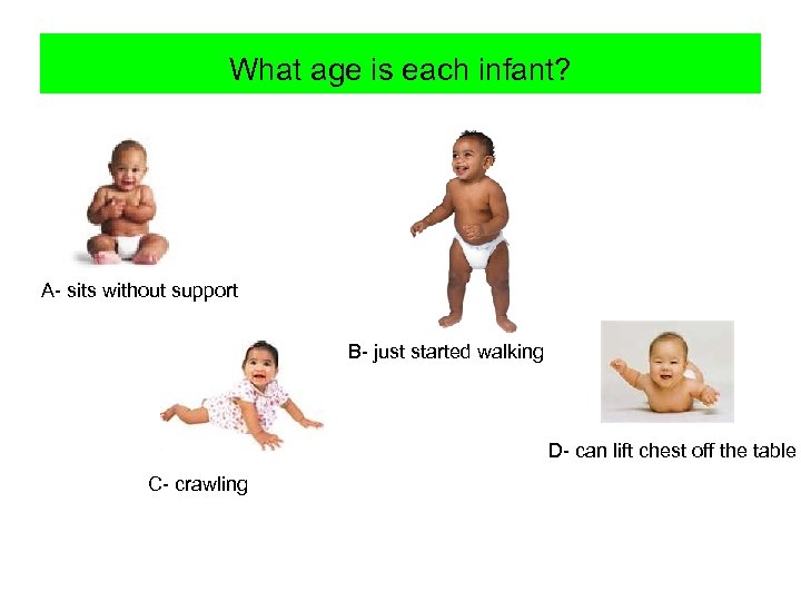 What age is each infant? A- sits without support B- just started walking D-
