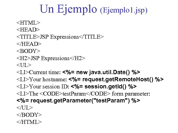 Un Ejemplo (Ejemplo 1. jsp) <HTML> <HEAD> <TITLE>JSP Expressions</TITLE> </HEAD> <BODY> <H 2>JSP Expressions</H
