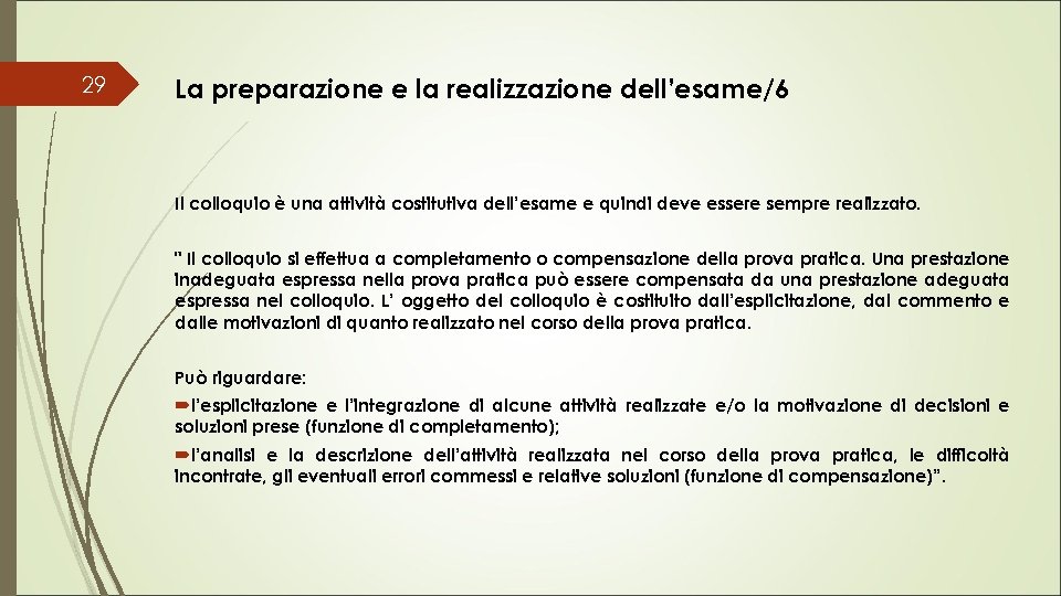 29 La preparazione e la realizzazione dell’esame/6 Il colloquio è una attività costitutiva dell’esame