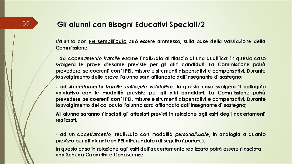 35 Gli alunni con Bisogni Educativi Speciali/2 L’alunno con PEI semplificato può essere ammesso,