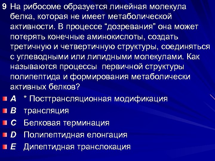 9 На рибосоме образуется линейная молекула белка, которая не имеет метаболической активности. В процессе