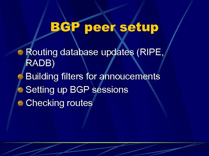 BGP peer setup Routing database updates (RIPE, RADB) Building filters for annoucements Setting up