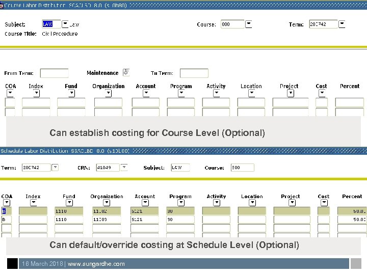 Can establish costing for Course Level (Optional) Can default/override costing at Schedule Level (Optional)