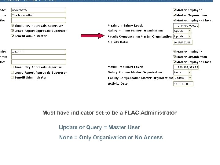 Must have indicator set to be a FLAC Administrator Update or Query = Master