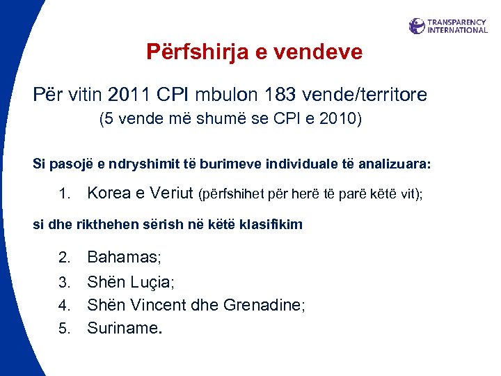 Përfshirja e vendeve Për vitin 2011 CPI mbulon 183 vende/territore (5 vende më shumë