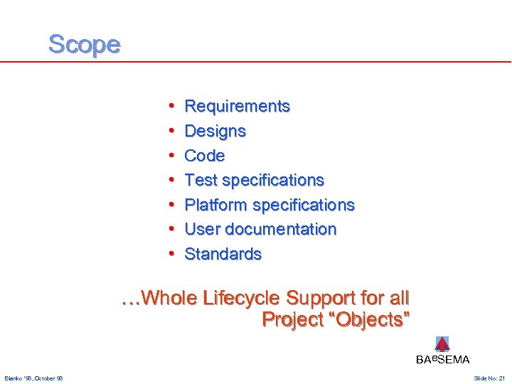 Scope • • Requirements Designs Code Test specifications Platform specifications User documentation Standards …Whole