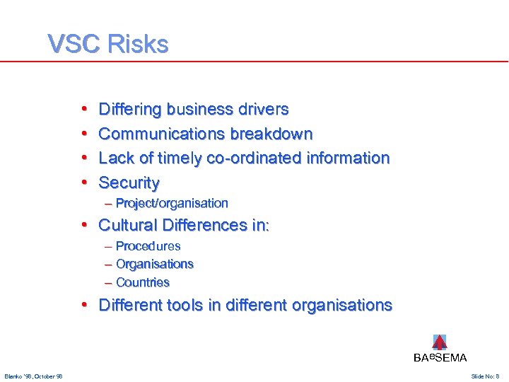 VSC Risks • • Differing business drivers Communications breakdown Lack of timely co-ordinated information