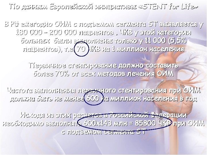 По данным Европейской инициативы «STENT for Life» В РФ ежегодно ОИМ с подъемом сегмента