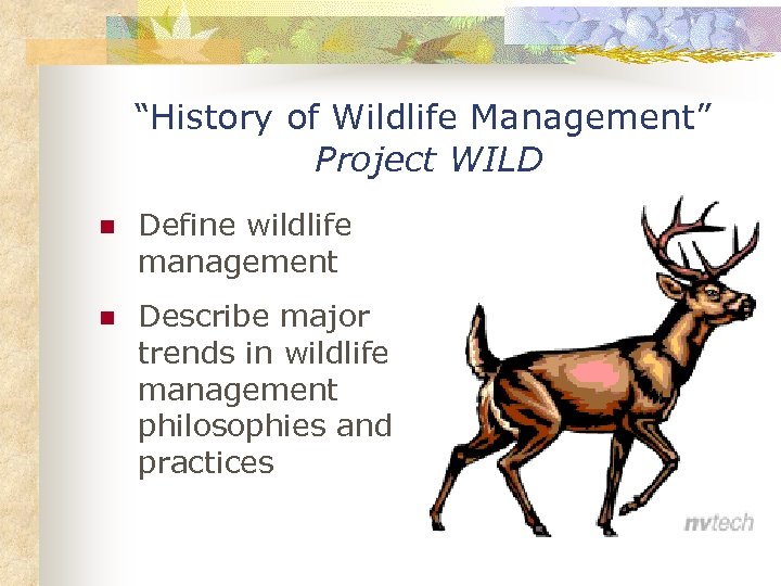 “History of Wildlife Management” Project WILD n Define wildlife management n Describe major trends
