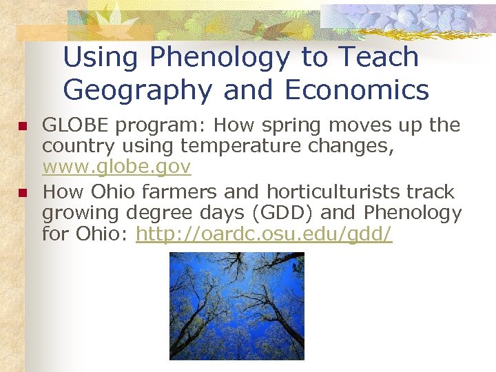 Using Phenology to Teach Geography and Economics n n GLOBE program: How spring moves