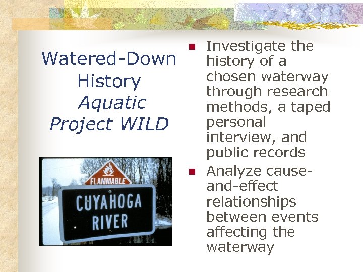 Watered-Down History Aquatic Project WILD n n Investigate the history of a chosen waterway