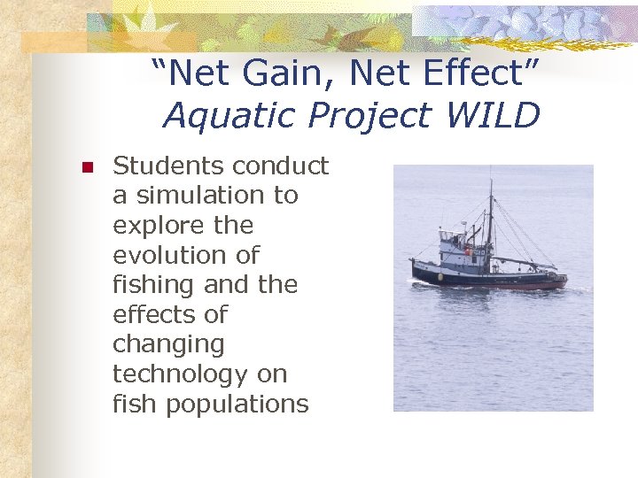 “Net Gain, Net Effect” Aquatic Project WILD n Students conduct a simulation to explore