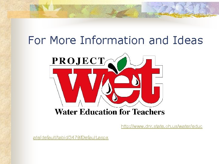 For More Information and Ideas http: //www. dnr. state. oh. us/water/educ ate/default/tabid/3479/Default. aspx 