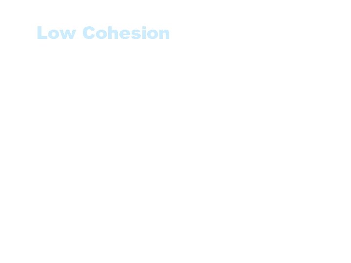 Low Cohesion • Modules of low cohesion modules are associated with undesirable traits such