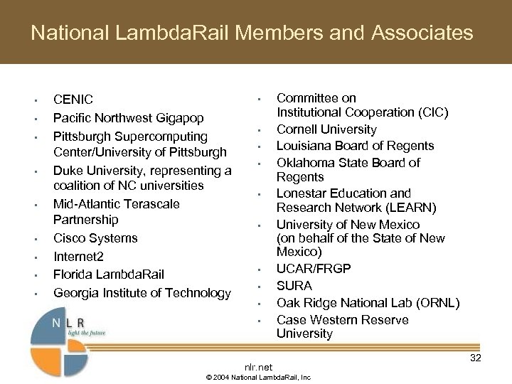 National Lambda. Rail Members and Associates • • • CENIC Pacific Northwest Gigapop Pittsburgh