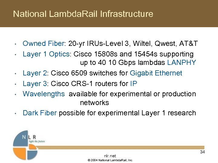 National Lambda. Rail Infrastructure • • • Owned Fiber: 20 -yr IRUs-Level 3, Wiltel,