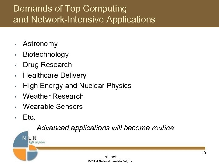 Demands of Top Computing and Network-Intensive Applications • • Astronomy Biotechnology Drug Research Healthcare