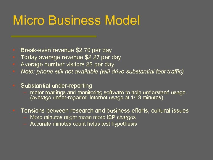 Micro Business Model • • Break-even revenue $2. 70 per day Today average revenue