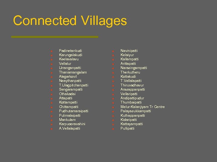 Connected Villages n n n n n Padinetankudi Karungalakudi Keelavalavu Vellalur Urranganpatti Thaniamangalam Alagarkovil