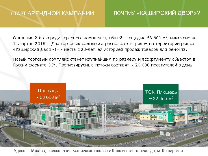 СТАРТ АРЕНДНОЙ КАМПАНИИ ПОЧЕМУ «КАШИРСКИЙ ДВОР» ? Открытие 2 -й очереди торгового комплекса, общей