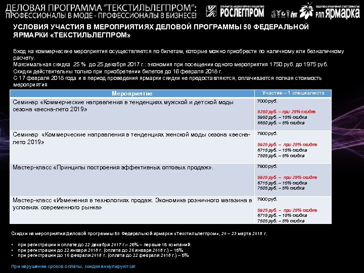 УСЛОВИЯ УЧАСТИЯ В МЕРОПРИЯТИЯХ ДЕЛОВОЙ ПРОГРАММЫ 50 ФЕДЕРАЛЬНОЙ ЯРМАРКИ «ТЕКСТИЛЬЛЕГПРОМ» Вход на коммерческие мероприятия