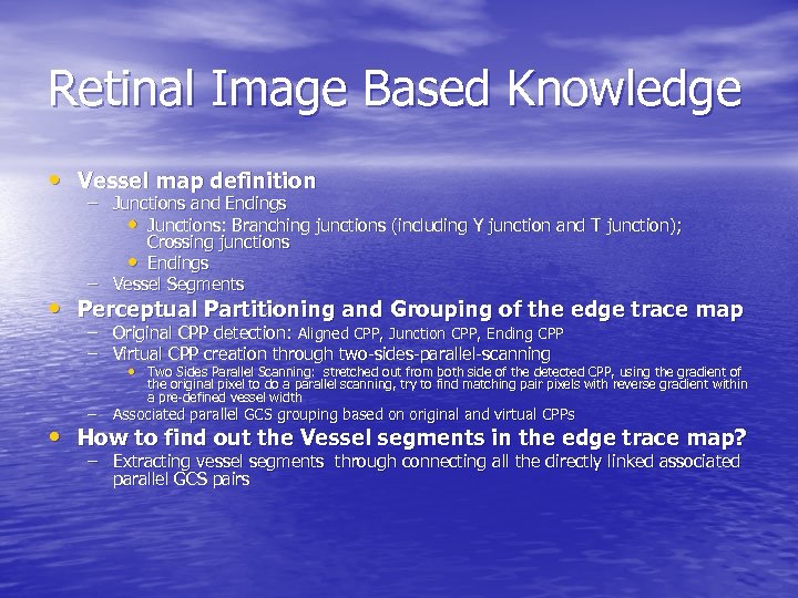 Retinal Image Based Knowledge • Vessel map definition – Junctions and Endings • Junctions: