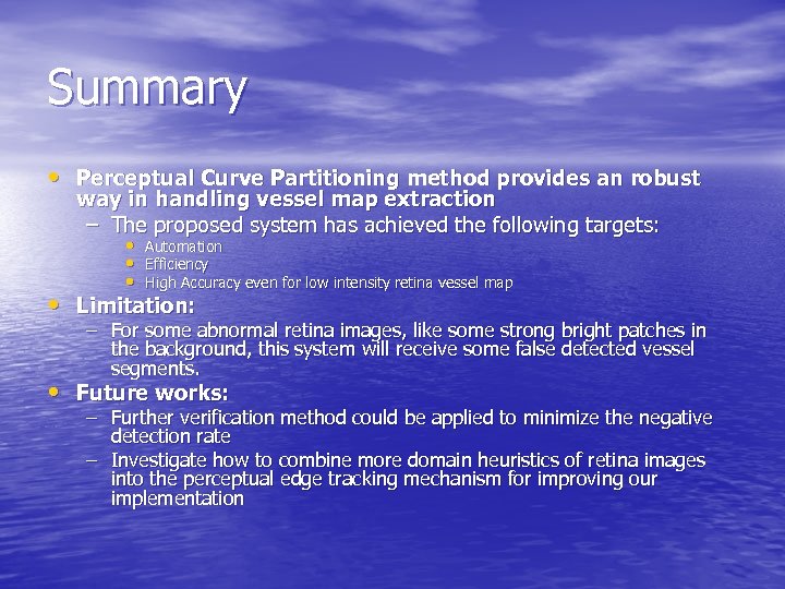 Summary • Perceptual Curve Partitioning method provides an robust way in handling vessel map