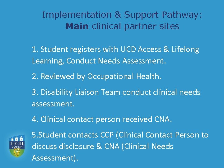 Implementation & Support Pathway: Main clinical partner sites 1. Student registers with UCD Access